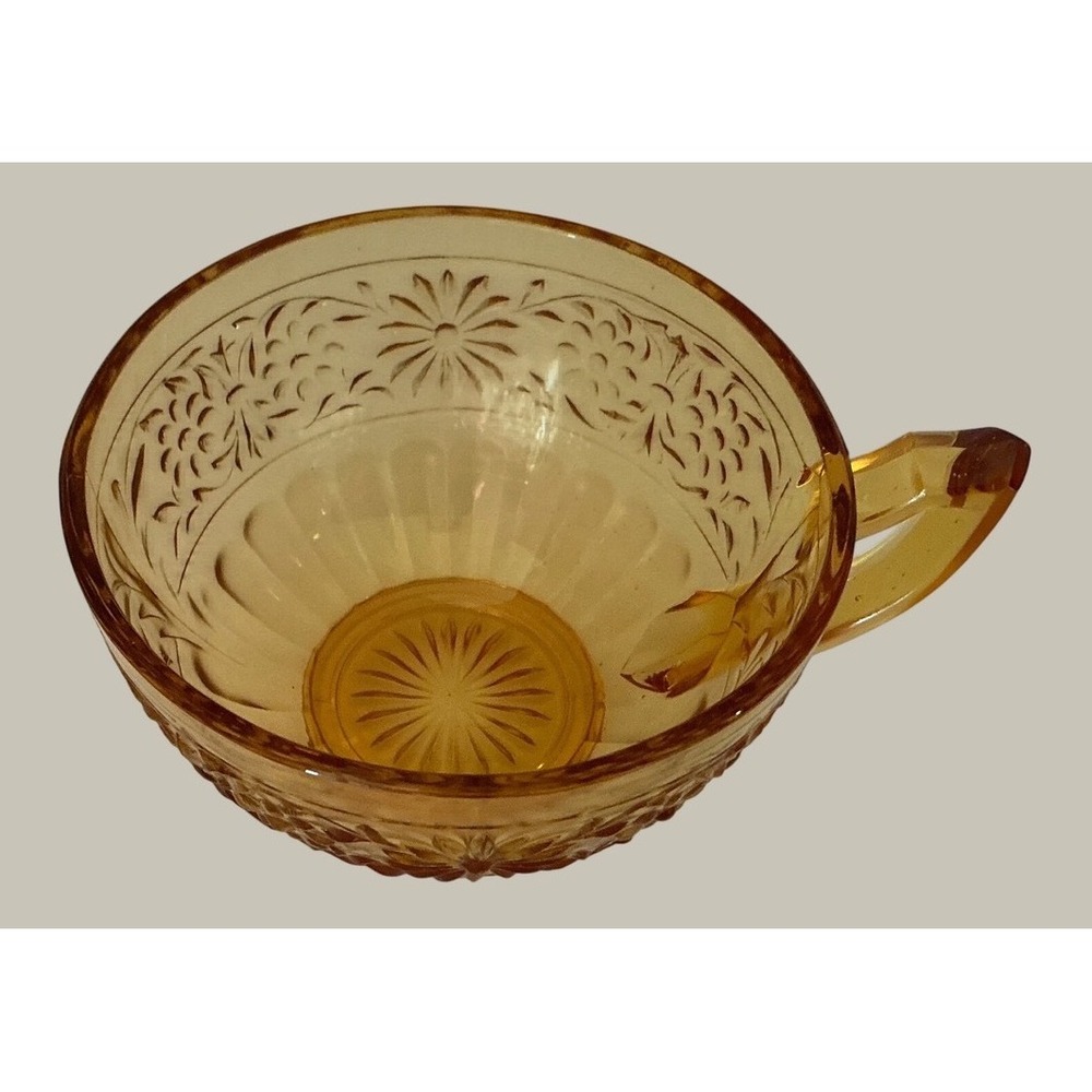 Vintage Amber Glass Teacup Floral Embossed Sunburst Pattern Retro Drinkware